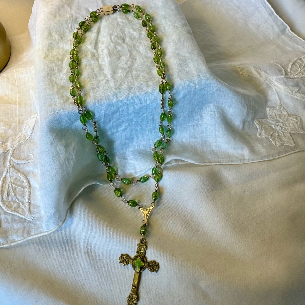 Vintage 1990s Necklace: De Montserrat 14 20 Gold and Green Czech Glass Rosary